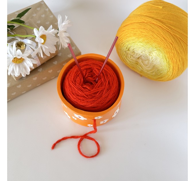 Small orange crochet yarn holder bowl with retro daisy flowers Knitter gifts