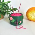 Small crochet yarn holder bowl with pink tulip flowers Knitter gifts