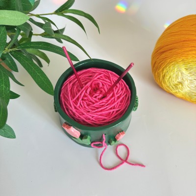 Small crochet yarn holder bowl with pink tulip flowers Knitter gifts