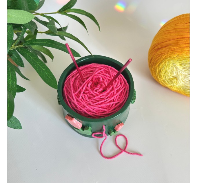 Small crochet yarn holder bowl with pink tulip flowers Knitter gifts