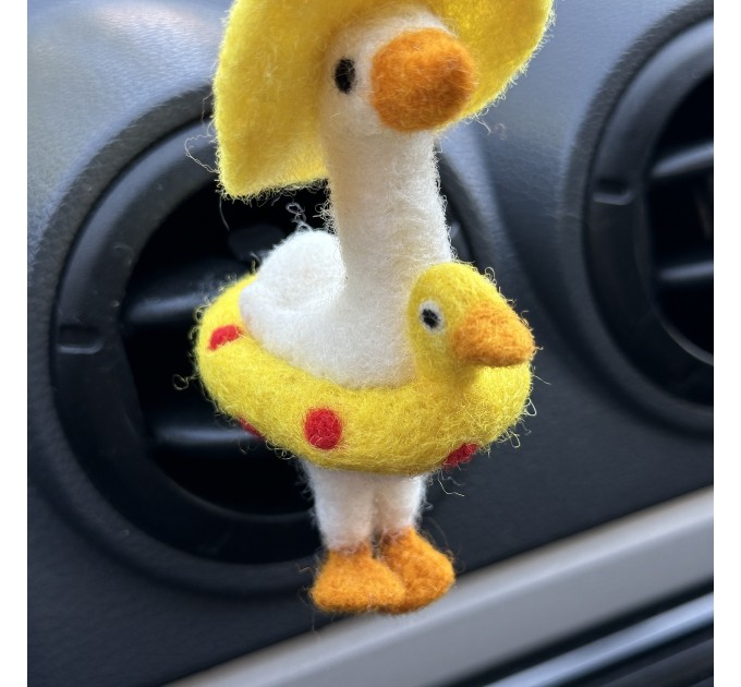 Summer goose with sun hat and yellow duck swim ring air vent clip Goose lover gift Farm animal car decor