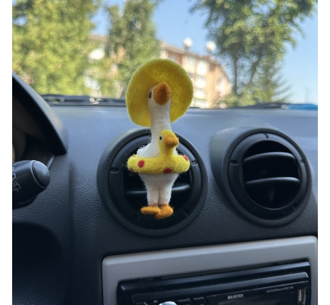 Summer goose with sun hat and yellow duck swim ring air vent clip Goose lover gift Farm animal car decor