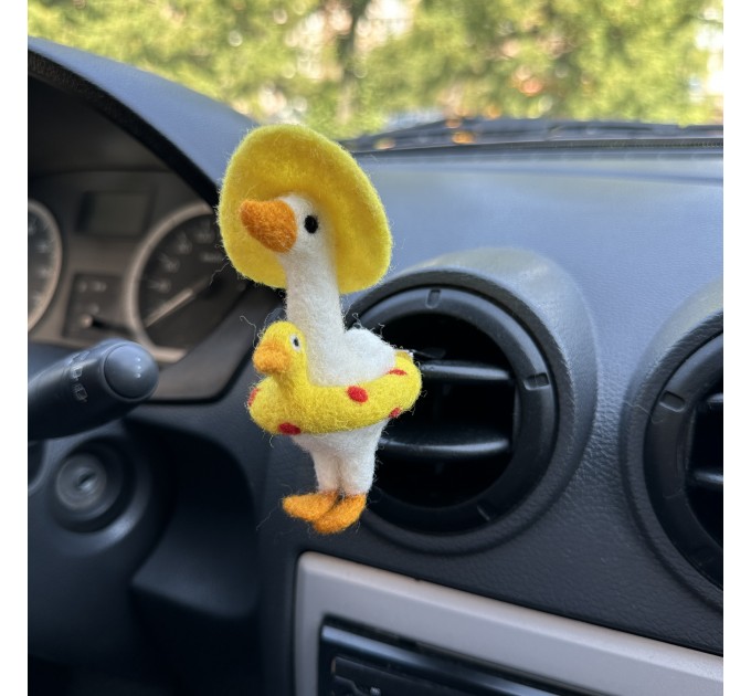 Summer goose with sun hat and yellow duck swim ring air vent clip Goose lover gift Farm animal car decor