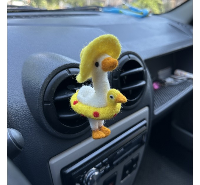 Summer goose with sun hat and yellow duck swim ring air vent clip Goose lover gift Farm animal car decor