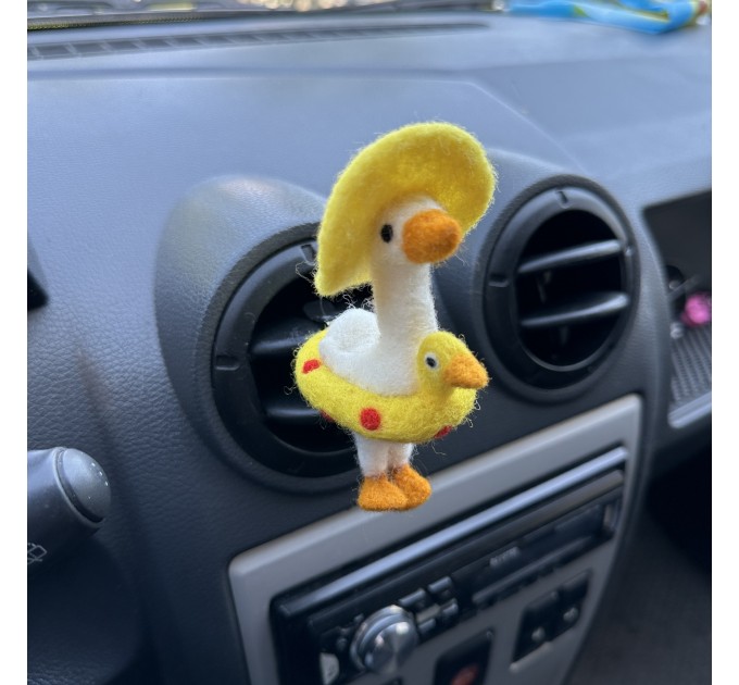 Summer goose with sun hat and yellow duck swim ring air vent clip Goose lover gift Farm animal car decor