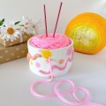 Small white crochet yarn holder bowl with cute worms Knitters crocheters