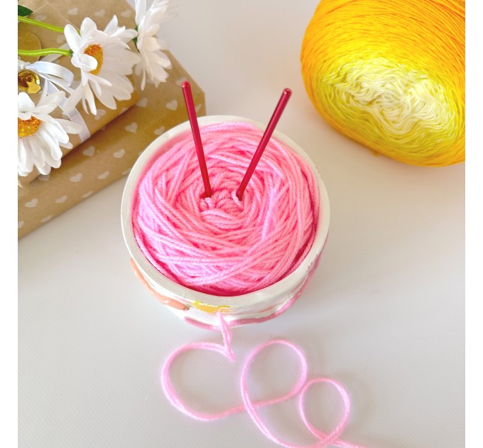 Small white crochet yarn holder bowl with cute worms Knitters crocheters